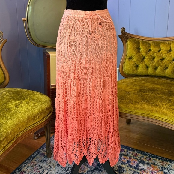 Vintage Coral Ombre Crochet Maxi Skirt Size Medium - Picture 3 of 7